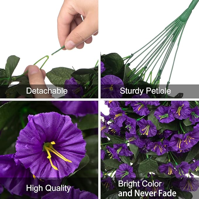 Artificial Fake Hanging Flowers Plants for Outdoor Outside Summer Decoration, 2PCS Faux Silk Morning Glory Purple UV Resistant Look Real Trailing Vines for Home Planter Porch Patio