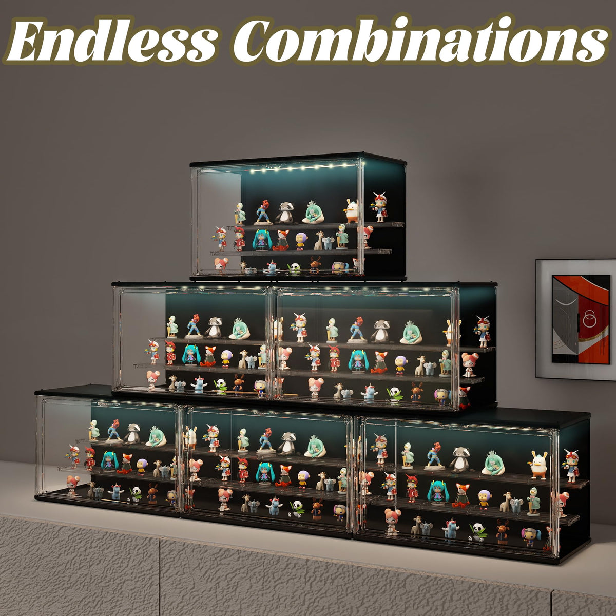 VERSSURE Clear Display Case for Collectibles, 3-Tier Adjustable Figure Display Case with LED Light, Stackable Acrylic Showcase with Magnetic Door for Jewelry,Collectibles (Black, 1 Pack-8.7" H)