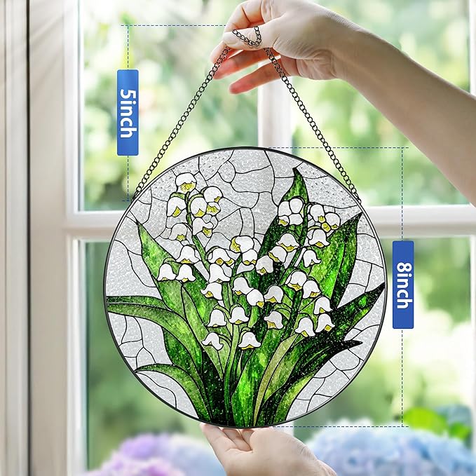 Lily of The Valley Flower Stained Glass Suncatcher, Stained Glass Window Hanging, 8 Inch Green Plants Suncatcher Decor, Gifts for Mother's Day, Mom Gift, Grandma Gift, Gifts Idea