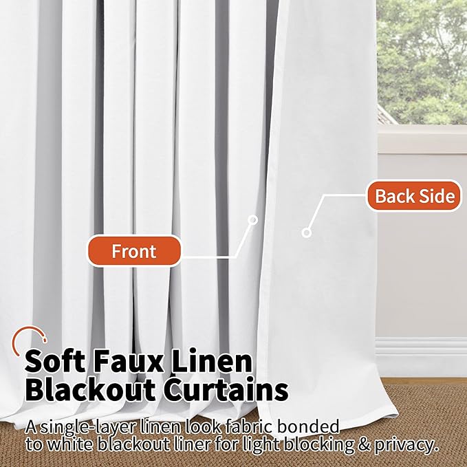 Lajode White Blackout Curtains for Living Room 90 Inch Length 2 Panels Set, Thermal Insulated Black Out Privacy Soundproof Grommet Farmhouse Linen Window Curtains for Bedroom Darkening, Each 52”Wide