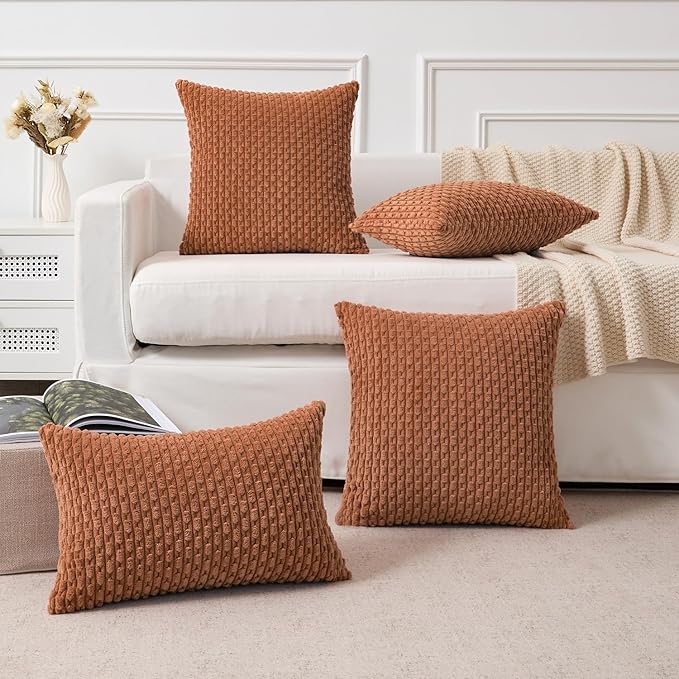 Kevin Textile Decorative Pillow Covers Set of 2 Striped Plush Corduroy Pillows Pillowcases Boho Home Decor Cushion Covers for Couch Sofa Bed Living Room 22x22 Inch, Burnt Orange
