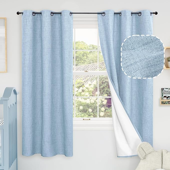 Baby Blue Linen Blackout Curtains for Nursery 63 Inch Length 2 Panels Set, Thermal Insulated Boho Total Black Out Noise Reducing Bonzer Grommets Window Curtains for Kids Bedroom, Each 38 Inch Wide