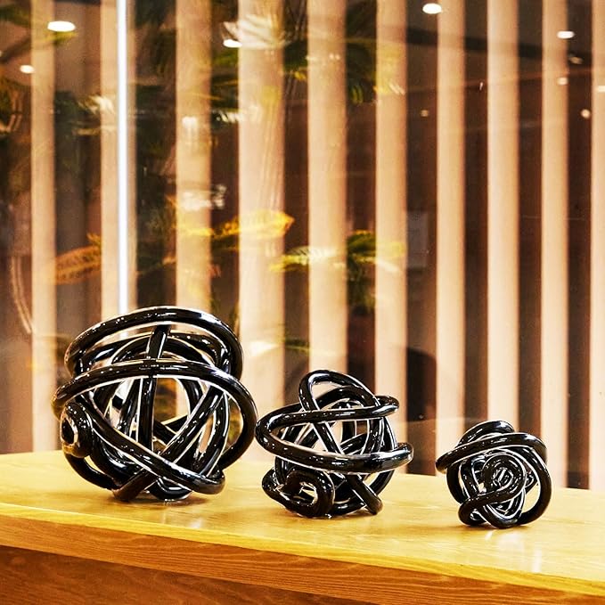 Luxury Lane Hand Blown Infinity Knot Sommerso Decorative Glass Ball for Bowls Home Decor 8 inch Tall Orbit Centerpiece Table Decoration Sculpture Black