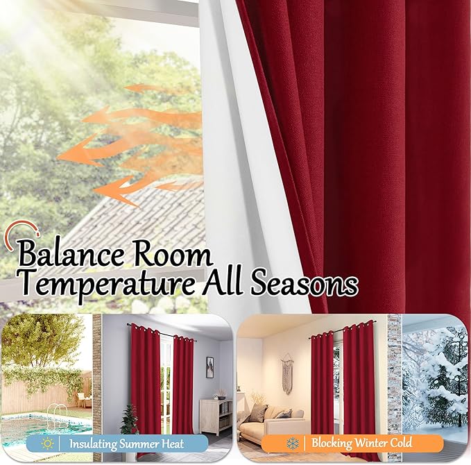 Lajode Linen Blackout Christmas Curtains - Red Thermal Insulated Curtains 90 Inch Long for Bedroom Living Room, Thick Heavy Light Blocking Energy Saving Soundproof Drapes Each 52x90 Inch 2 Panels