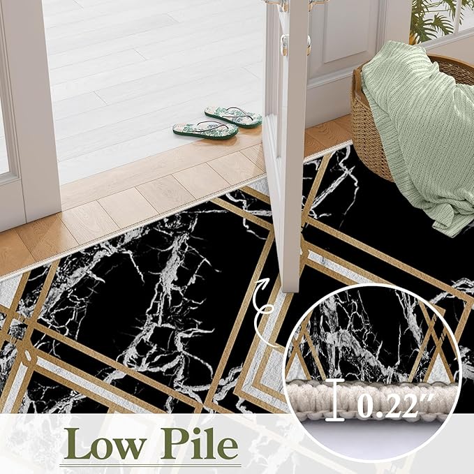 Diamond Geometric Print Area Rug for Bedroom, 2.6x10ft, Modern Black White Marble Home Decor Carpet, Durable Soft Cozy Non Slip Rug, Breathable Non Shedding Mats for Front Porch