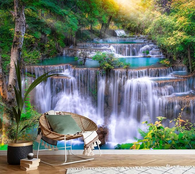 AFZEVEB-Green Waterfall Nature Landscape Wallpaper Wall murals for Kids Room 159"x107"(Not Peel and Stick)