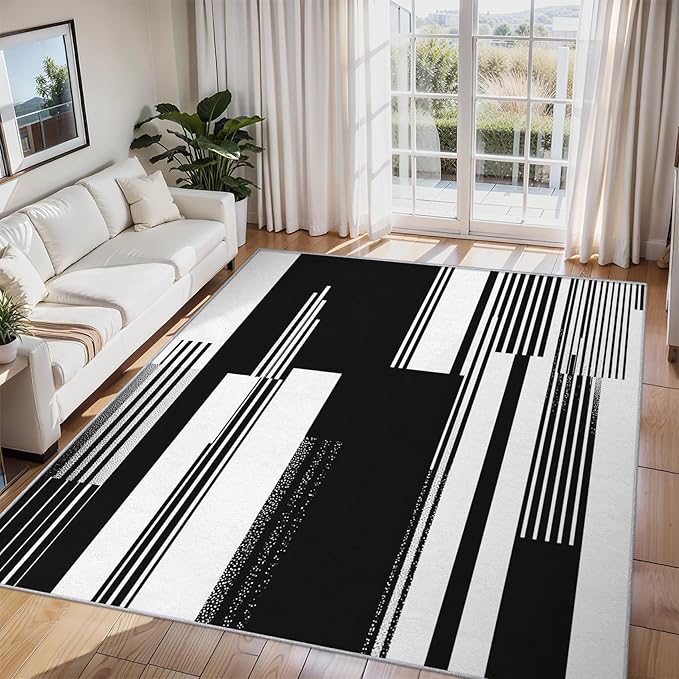 Black and White Stripe Rugs for Home Decor, 4x6 ft, Modern Stripes Area Rugs for Living Room, Soft Non Slip Washable Abstract Striped Carpet Bedroom Decorations Dt-Ghf-31