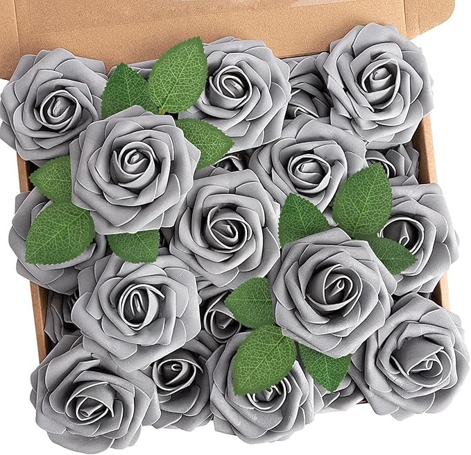 N&T NIETING Artificial Rose, 50pcs Gray Fake Foam Flowers with Stems for Wedding Party Baby Shower Cake Decoration, Home Display