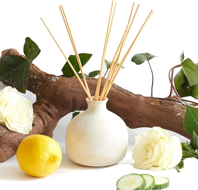 BLUEME Renew-Ivy & Rose, 5.92 Fl Oz Wellness Diffuser, Contains Essential Oil, Sustainable, Hand Finished, Premium, Luxury Ceramic, Natural Rattan Reeds