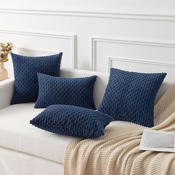 Kevin Textile Euro Sham Pillow Covers 28x28 Inch 2 Packs Soft Boho Striped Corduroy Decorative Throw Pillows for Living Room Couch Bed Sofa Rustic Farmhouse Home Decor 71x71cm Navy Blue
