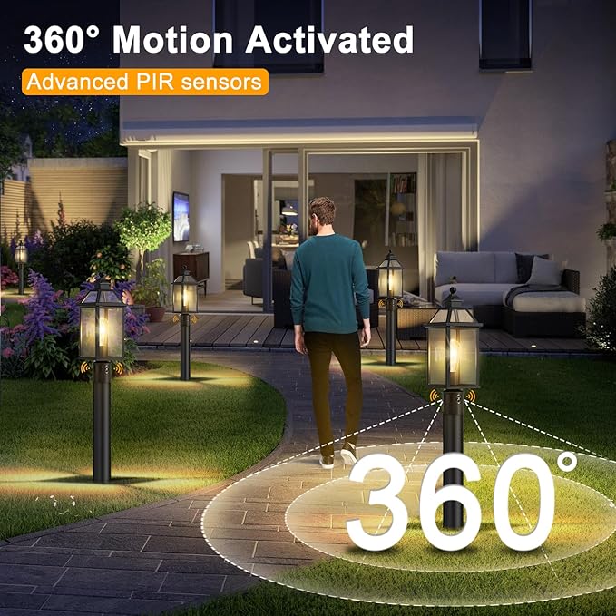 18.5" Motion Sensor Outdoor Post Lights, 360° Detection Lamp Pole Light Fixture 4 Lighting Modes, Large Waterproof Aluminum Outside Exterior Lantern for Garden, Porch, Pathway, (Black)