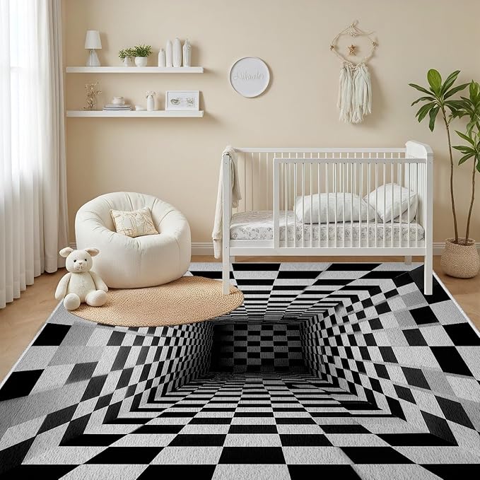 Optical Illusion Rug - Black and White Rug for Living Room, Soft Ultra Soft Faux Wool 3x5 Area Rugs Floor Mats, Non Slip&Non-Shedding Low Pile Checkered Washable Rugs, Abstract Geometric Carpet