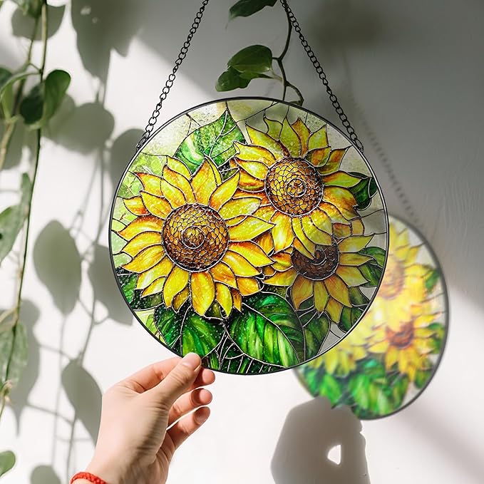 Sunflower Stained Glass Suncatcher, 8 Inch Sun Catchers Indoor Window, Stained Glass Window Hanging, Windows Dedor and Christmas, Mother's Day, Birthday, Gifts for Women Mom, Idea Gift, Gift Exchange