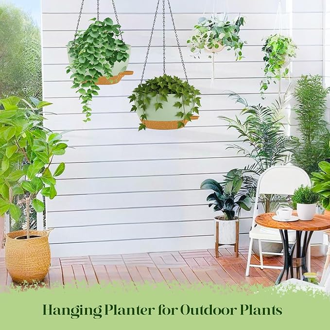 10 Inch Hanging Planters with Chains 2 Pack Self Watering Green Brown Plastic Hanging Pots for Indoor Outdoor Plants, Garden Porch Home Decor (Green Brown)