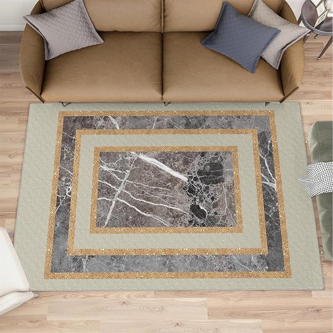 Light Luxury Marble Area Rugs Gilded Stripe Geometry Area Carpet Abstract Marble Texture Rug Stone Crack Carpet for Living Room Study Bedroom 5x8ft