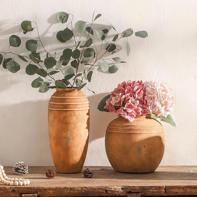 Large Ceramic Vase, 8.66 inch Tall Round Rustic Vase, Pottery Farmhouse Flower Vases for Home Decor, Living Room Shelf Decor, Enterway, Table