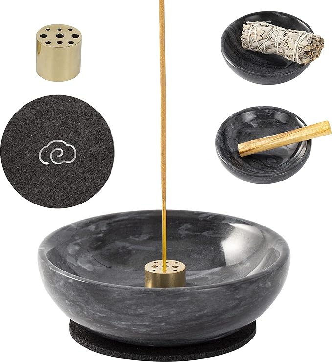 Incense Holder, Beautiful Natural Marble Incense Burner for Meditation, 9 Incense Holes Suitable for Most Types (Black)