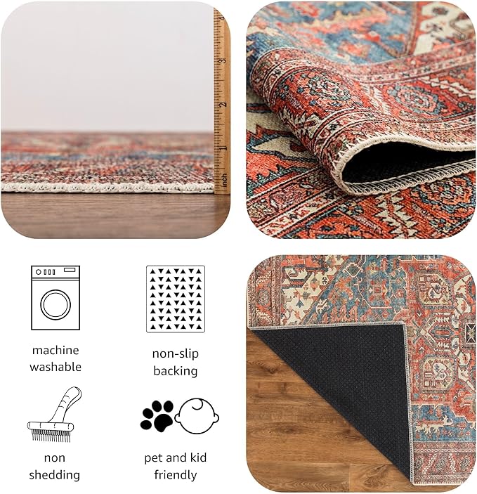 Keen Home Design 9x12 Rug - Machine Washable Area Rug with Non-Slip Backing, Ideal for Living Room, Dining Room, Bedroom - Vintage, Easy Clean, Durable, Low Pile Rug - (9' x 12')