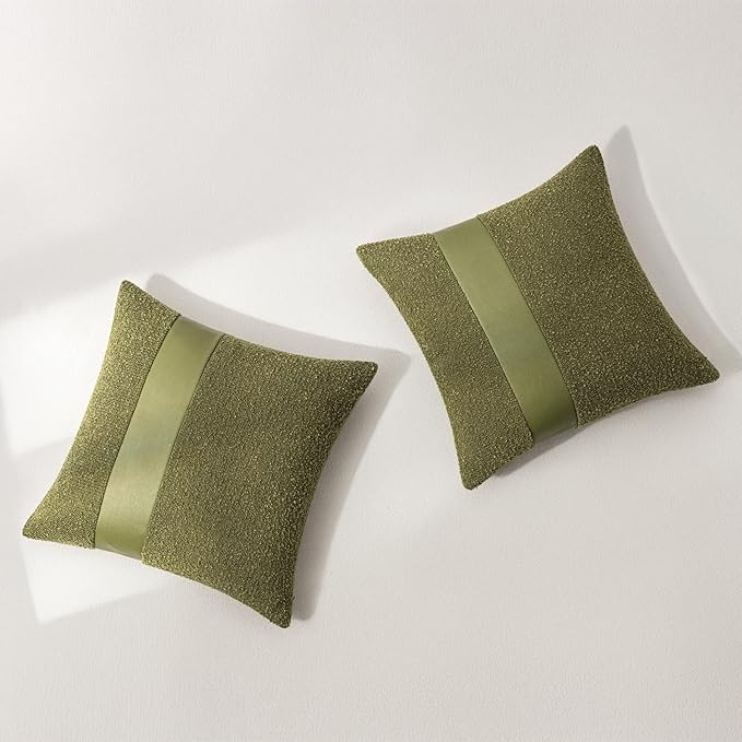 20"x20" Forest Green Boucle Throw Pillow Covers with Faux Leather Accents Set of 2 Fluffy Textured Decorative Pillow Cases for Couch Bed Boho Farmhouse Square Cushion Covers for Nordic Home