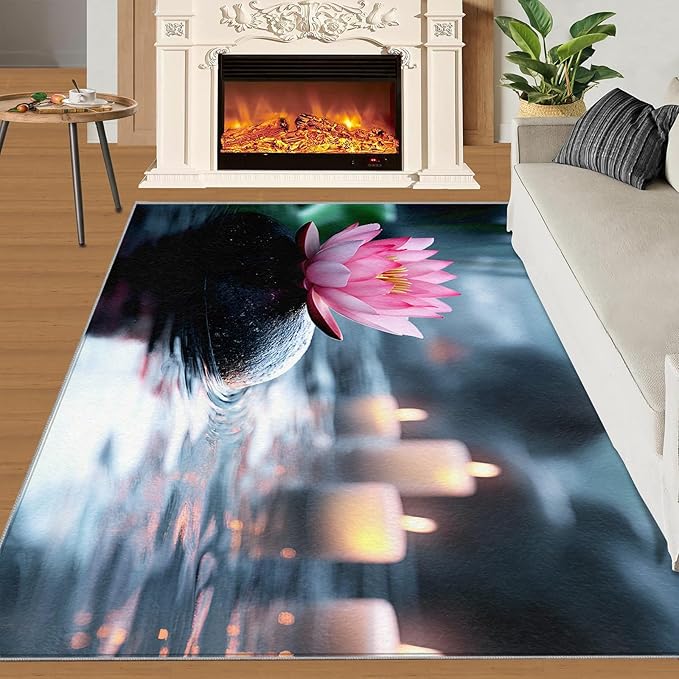 Zen Stones Washable Area Rug 3x5, Pink Petals Soft Rugs for Living Room Recuperative Spa Carpet Area Rugs for Bedroom Dining Room Non-Slip Stain Resistant Rug