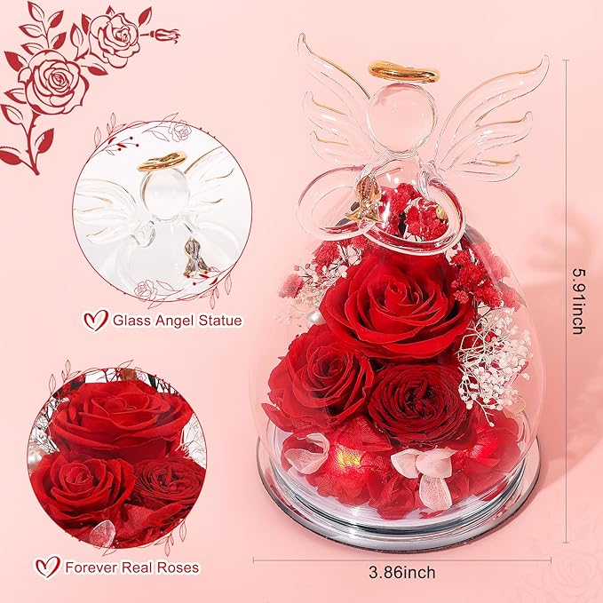 Gifts for Women Preserved Rose Forever Flower in Glass Angel Figurines Fresh Flowers for Delivery Prime Mothers Day Birthday Gifts for Mom Real Red Roses for Grandma Sister Wife Her from Daughter