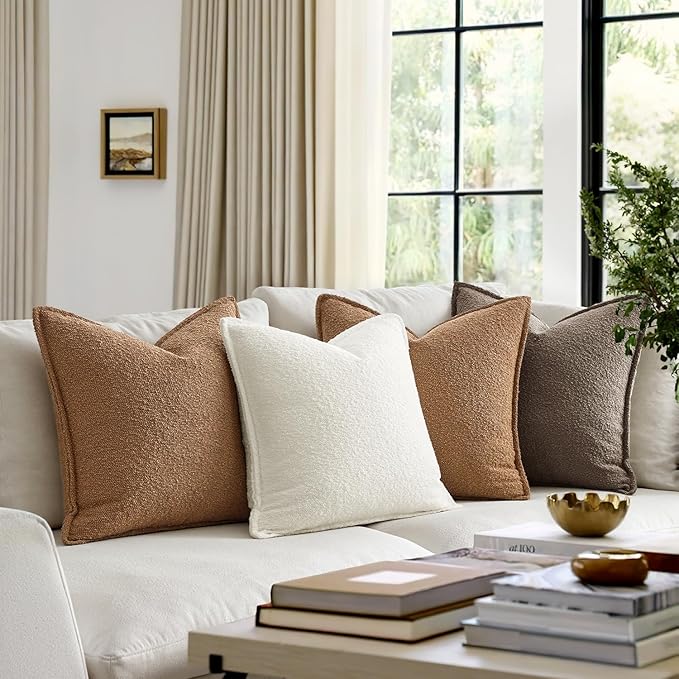 MIULEE Pack of 2 Decorative Textured Boucle Throw Pillow Covers 20x20 Inch Brown Broadside Thick Boho Pillows for Farmhouse Accents Sofa Couch Bedroom Living Room Home Decor