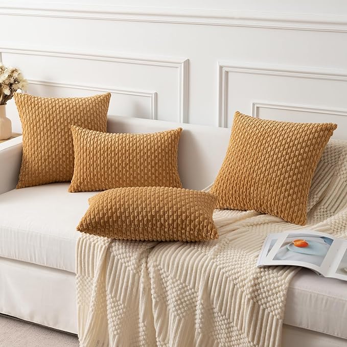 Kevin Textile Throw Pillow Covers Soft Corduroy Decorative Set of 2 Boho Striped Pillow Covers Pillowcases Farmhouse Home Decor for Couch Bed Sofa Living Room 12x20 Inch Gold