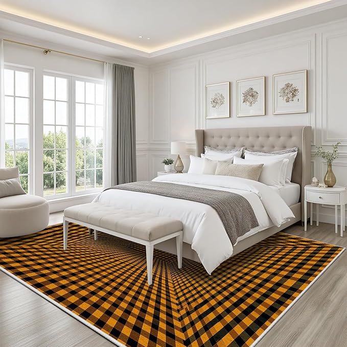 3D Rugs Optical Illusion - Plaid Rug 6x8, Geometric Stripes Soft Neutral Indoor Floor Mats Carpet, Non-Slip Stain Resistant Modern Orange Rug for Bedroom, Living Room Rugs