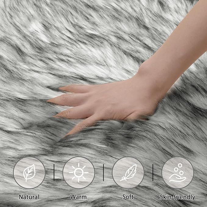 Ciicool Faux Sheepskin Rugs Soft Faux Fur Rug White Gradient Sliver Black Fluffy Chair Couch Cover Fuzzy Carpet for Bedroom Floor Sofa Living Room 2x3 Feet