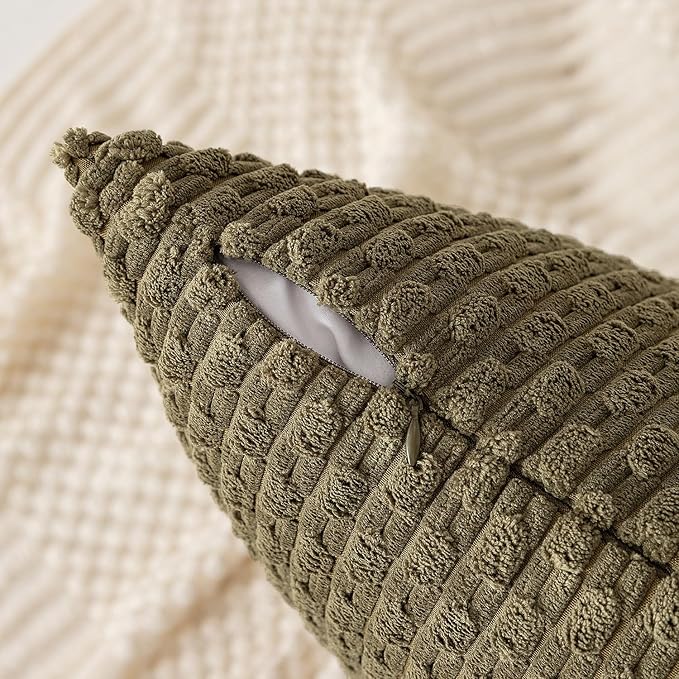 Kevin Textile Pack of 2 Corduroy Decorative Throw Pillow Covers 18x18 Inch Soft Boho Striped Pillow Covers Modern Farmhouse Home Decor for Sofa Living Room Couch Bed Olive Green