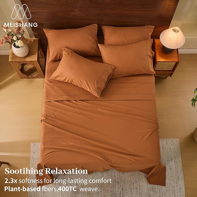 MEISHANG 100% French Pure Linen Sheets Queen Size - 6 PC Extra Deep Pocket Sheet Set, Soft Durable Flax Linen, Anti-Tear Breathable & Oeko-Tex Certified 18-24 Deep Pocket,All Season(Orange)