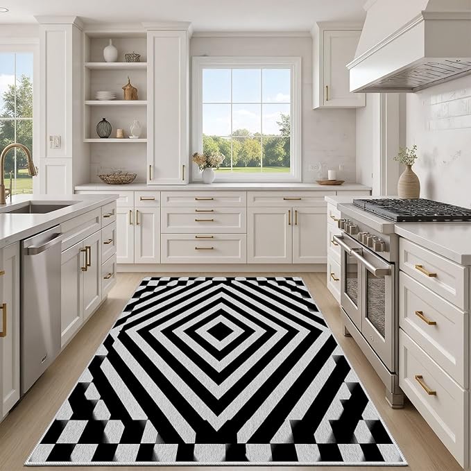 Black and White Rug 4x6, Checkered Soft Thin Indoor Floor Mats Carpet, Non-Slip Stain Resistant Washable Rugs, Modern Rhombus Geometric Rugs for Living Room, Farmhouse Rug