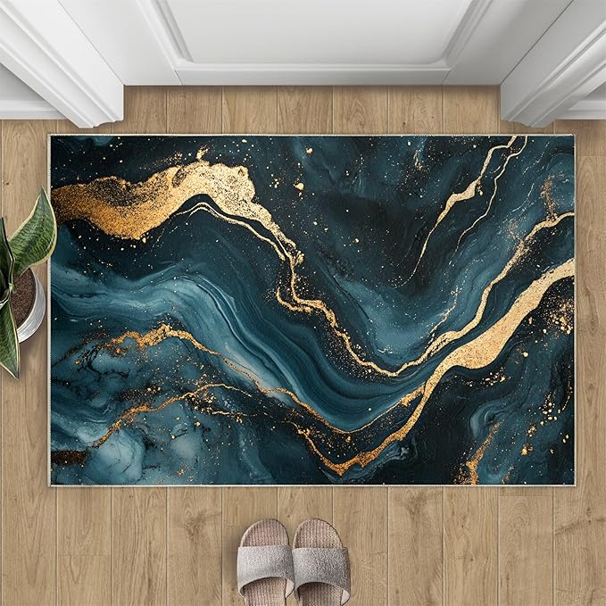 Marble Washable Area Rugs 5x7 Non-Slip Fluid Art Living Room Rug Gold Lines Soft for Carpet Low Pile Indoor Door Mat & Room Decor
