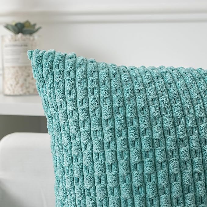 Kevin Textile Throw Pillow Covers Soft Corduroy Decorative Set of 2 Boho Striped Pillow Covers Pillowcases Farmhouse Home Decor for Couch Bed Sofa Living Room 26x26 Inch Aqua Green