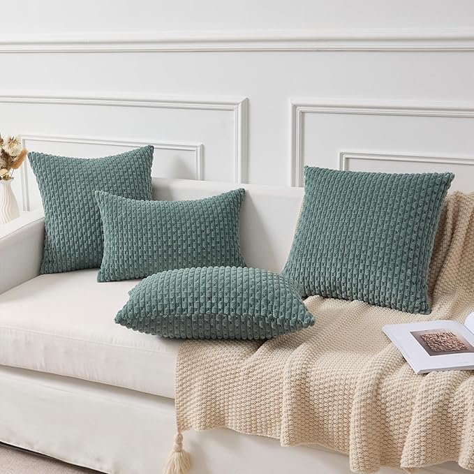 Kevin Textile Decorative Pillow Covers Set of 2 Striped Plush Corduroy Pillows Pillowcases Boho Home Decor Cushion Covers for Couch Sofa Bed Living Room 18x18 Inch, Teal Green