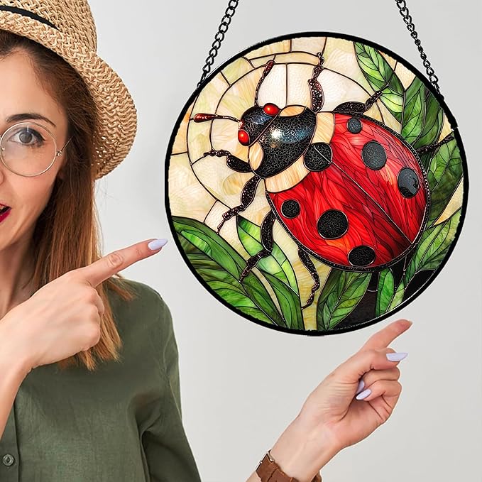Stained Glass Window Hanging - Red Seven-Spotted Ladybug Sun Catcher for Door Home Decor Insect Suncatcher Christmas Mother's Day Birthday Gifts for Women Men Mom Nana 9.8 in
