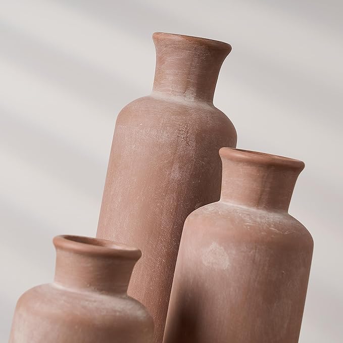 LUKA Ceramic Rustic Farmhouse Vase,Terracotta Vases for Decor,Vase Set of 3,Vases for Your Bedroom,Office,Living Room,Fireplace,Bookshelf Decor,Housewarming 10+7.5+5 Inch