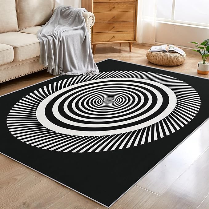 Black and White Circle Rugs for Home Decor, 5x6 ft, Abstract Op Art Area Rugs for Living Room, Soft Non Slip Washable Modern Geometric Carpet Bedroom Decorations Dt-Ghf-31
