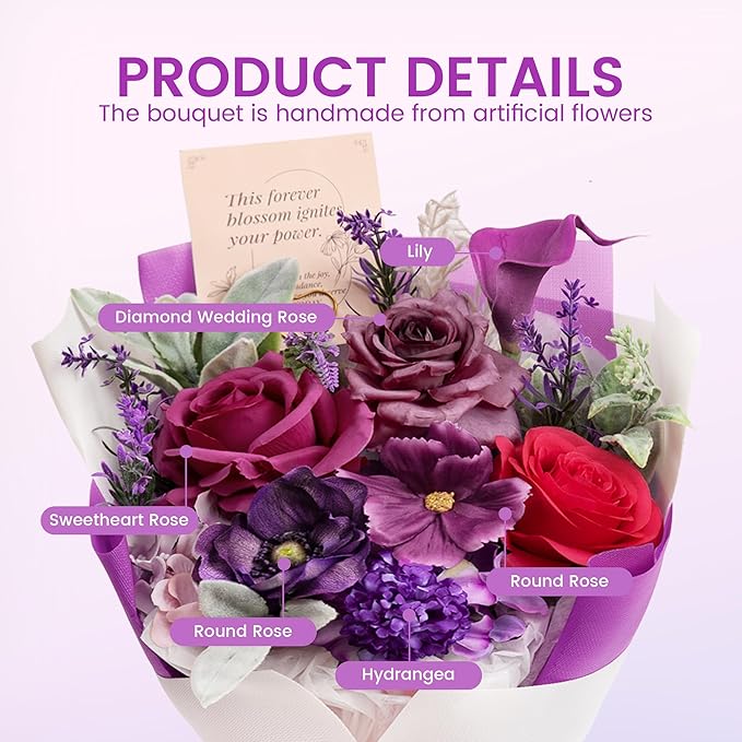 TINGE TIME Aritifical Flowers Bouquet, Purple Gift Bouquet, Birthday Gifts for Women, Eternal Roses Bouquet for Grandma Wife Anniversary