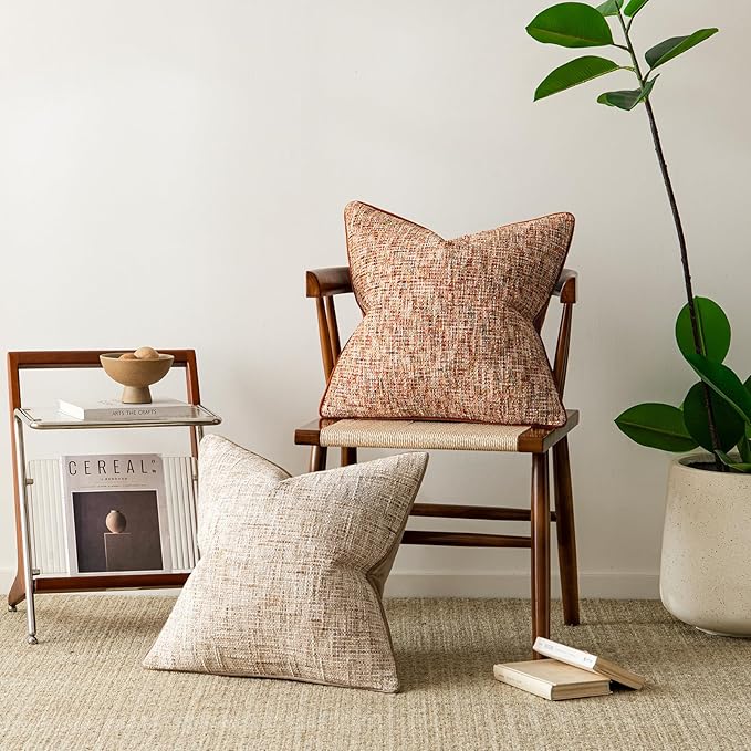 a moment Fall Rust Orange Reversible Pillow Covers 2 Pack - Farmhouse Chenille Throw Pillows, Neutral Textured Decorative Throw Pillow Covers with Border for Couch Sofa Bed (20x20 Inch, No Insert)