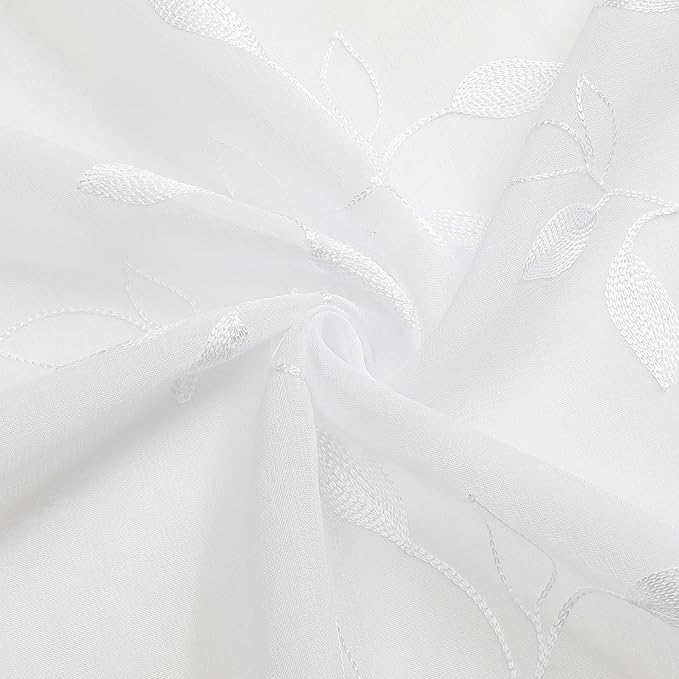 Tollpiz White Leaf Sheer Curtain Leaves Embroidered Living Room Short Curtains Rod Pocket Voile Window Treatment for Bedroom, 54 x 54 inches Long, Set of 2 Panels