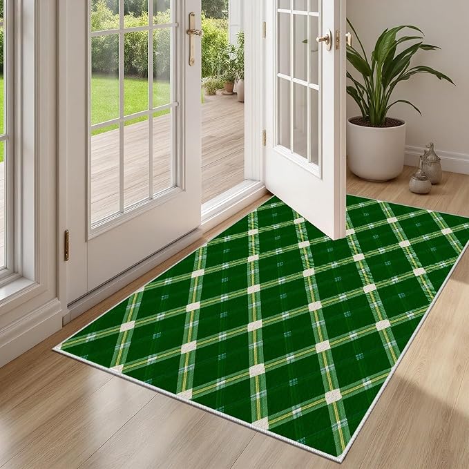 Plaid Rug - 8x10 Rug for Living Room, Geometric Stripes Soft Neutral Indoor Floor Carpet, Non-Slip Stain Resistant Modern Washable Rugs for Bedroom, Green Area Rugs