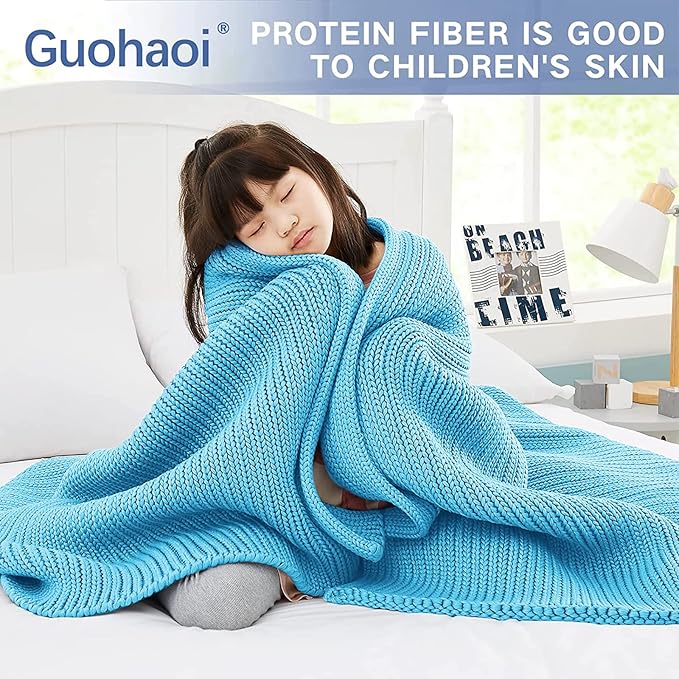 Guohaoi Knitted Weighted Blanket(Blue 50"x60" 10lbs),Home Décor Cooling Throw Blanket for Hot Sleepers,Hand Made Chunky Knit Heavy Blanket or Adults Use on Twin Size Bed