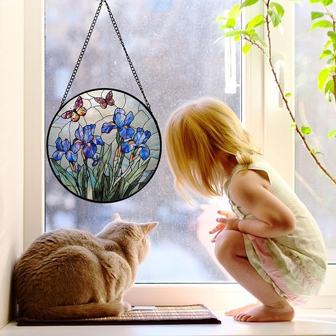 DASTOLL Stained Glass Window Hanging, Blue Iris Flowers Butterfly Suncatcher Diamond Colorful Glass Panel Sun Catchers Decor for Birthday for Women, Men, Wife, Aunt, and Mom 6.3 in