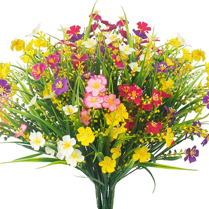 12 Bundles Artificial Flowers Faux Plants Spring Decoration Plastic Plants UV Resistant Shrubs for Home Indoor Outside Garden Window Porch Pots Decoration (Multicolor)