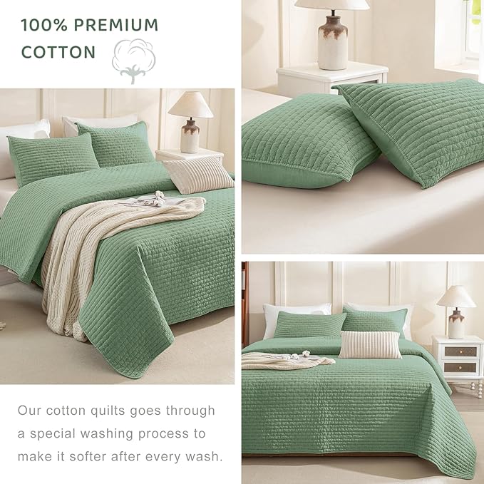 Sanracie Stonewashed Cotton Coverlet Queen Size(90"x98"), Green Ultra Soft Crinkle Quilt Bedding Set 3Pcs Cross Stitch Pattern Lightweight Breathable Bedspread Set for All Season