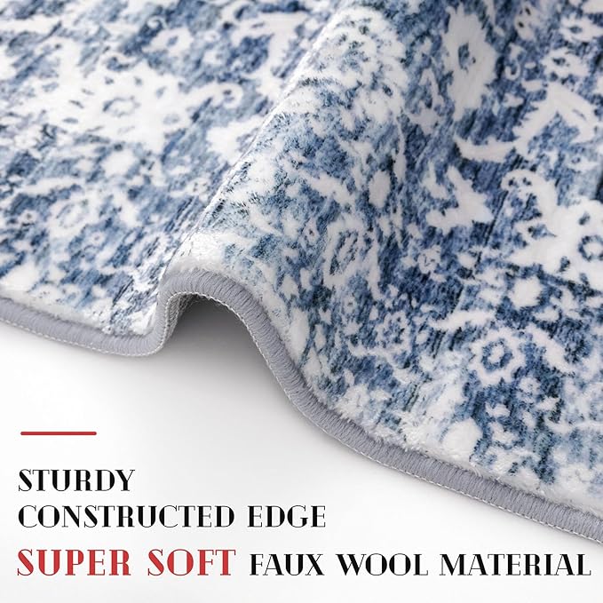 Runner Rug 2x10, Light Blue White Washable Long Hallway Rug Runner Non-Slip Soft Kitchen Runner Thin Printed Faux Wool Super Soft Carpet for Entryway Bedroom Laundry Room Indoor Home Decor