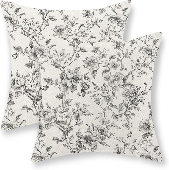 Black and Cream Pillow Covers 20x20 Set of 2 Vintage Floral Chinoiserie Throw Pillows Rustic Toile Flower Decorative Pillow Cases Outdoor Chinoiserie Decor Linen Cushion Case for Couch Sofa