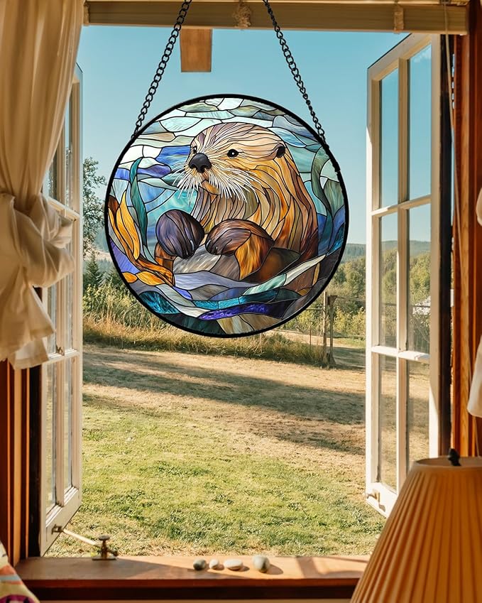 Stained Glass Suncatcher, Blue Ocean Cute Sea Otter Sun Catcher Stain Glass Window Hanging Decoration Mother's Day Birthday Gifts for Women Men Mom Nana 11.8 in