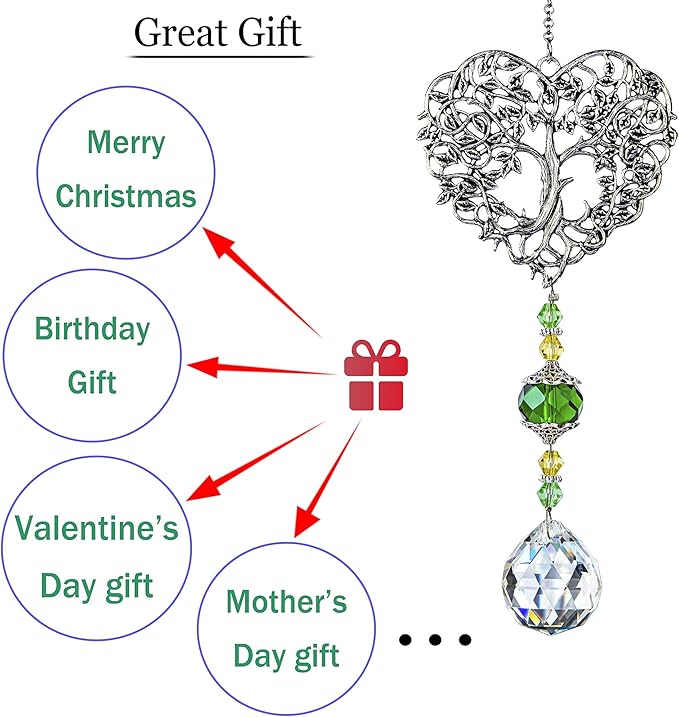 H&D HYALINE & DORA Tree of Life Crystal Suncatchers Crystal Drop Prism Rainbow Maker Hanging for Home Garden Decoration, Heart Shaped